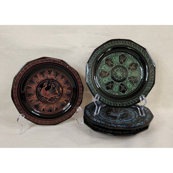 Vintage Hand-Painted 12-Sided Folk Art Wood Plates – Set of 4 (1970s–1980s) - Picture 1 of 14